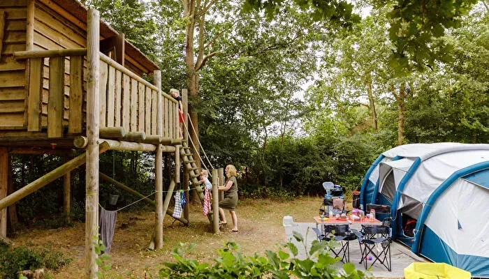 gezin dat kampeert in het bos naast een houten hut op camping de Schotsman